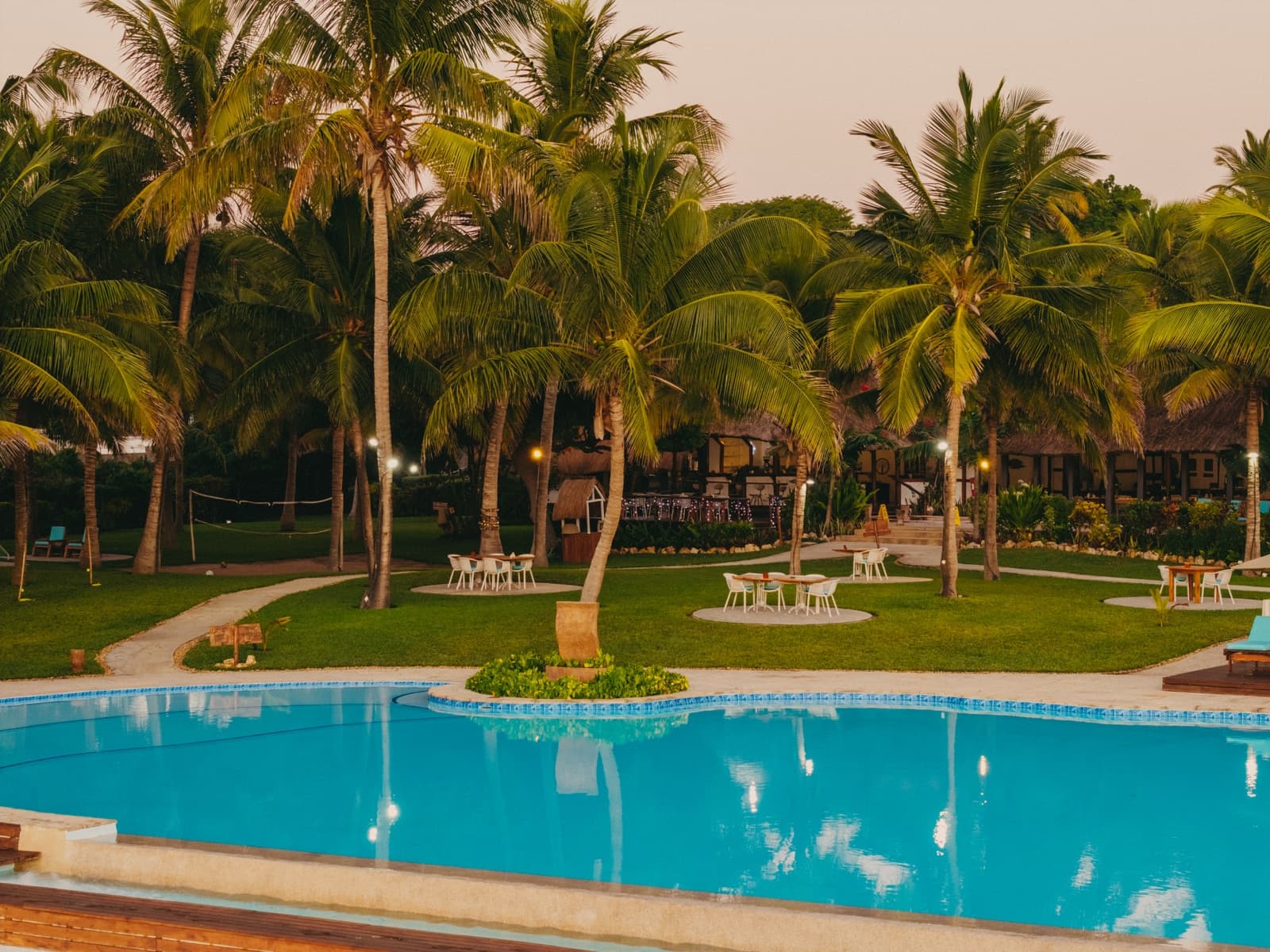 Palm-shaded lawn with dining tables and the infinity pool at dusk