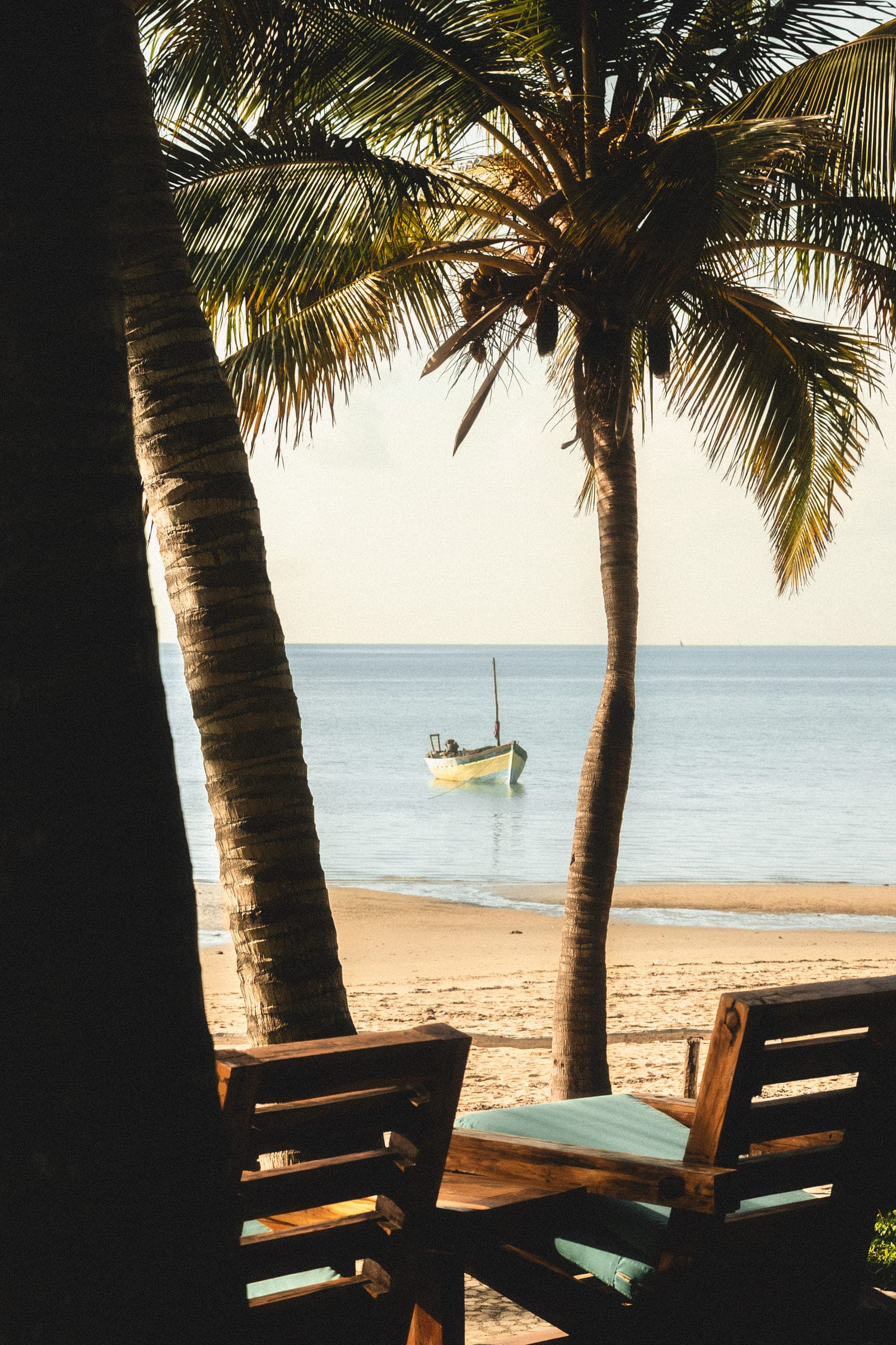 View between palm trunks from a shaded deck to a fishing boat moored off the beach